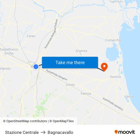 Stazione Centrale to Bagnacavallo map
