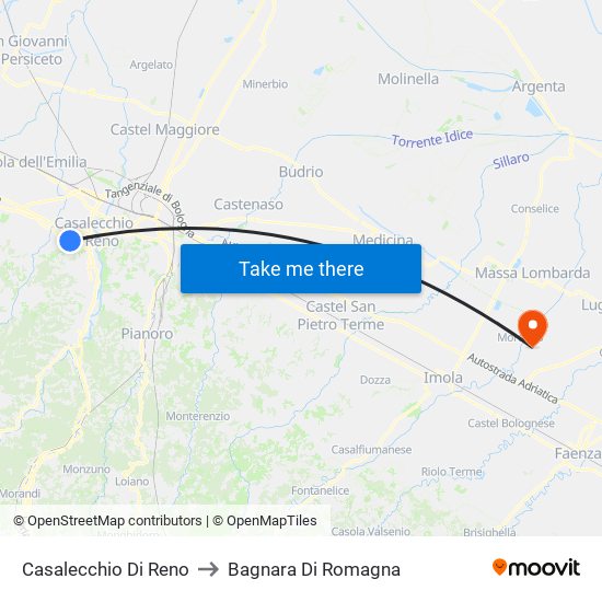 Casalecchio Di Reno to Bagnara Di Romagna map