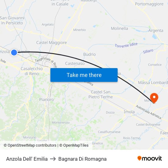 Anzola Dell' Emilia to Bagnara Di Romagna map