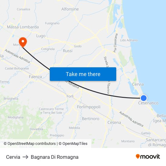 Cervia to Bagnara Di Romagna map