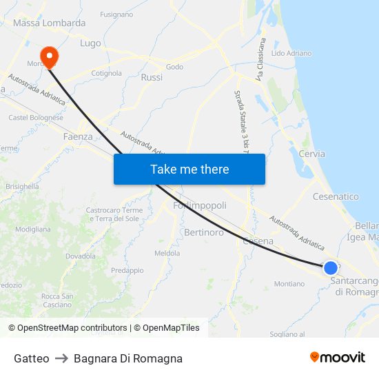 Gatteo to Bagnara Di Romagna map