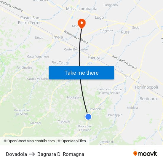 Dovadola to Bagnara Di Romagna map