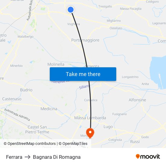 Ferrara to Bagnara Di Romagna map