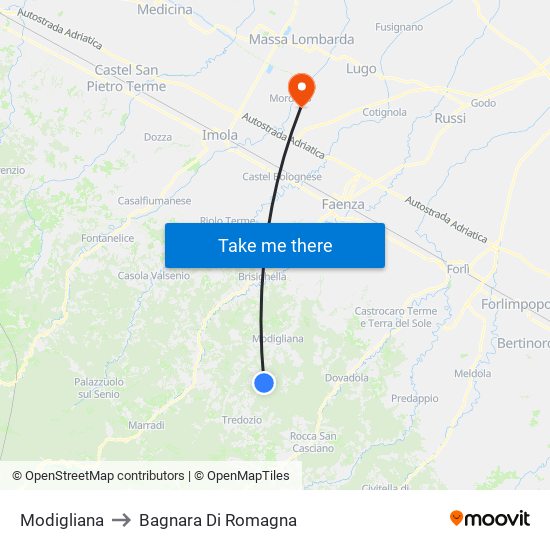 Modigliana to Bagnara Di Romagna map