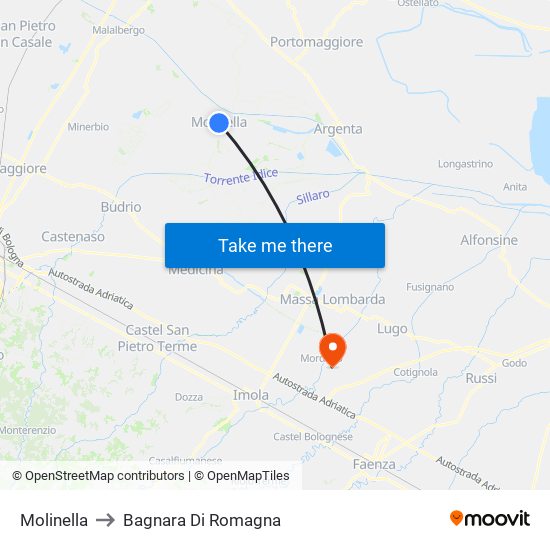 Molinella to Bagnara Di Romagna map