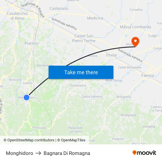 Monghidoro to Bagnara Di Romagna map