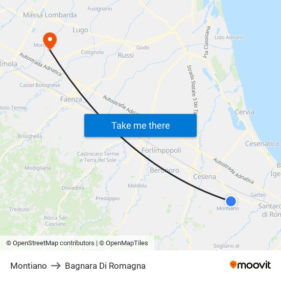 Montiano to Bagnara Di Romagna map