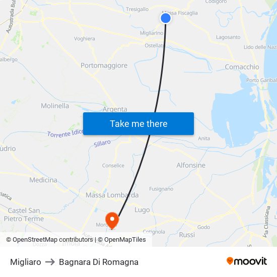 Migliaro to Bagnara Di Romagna map