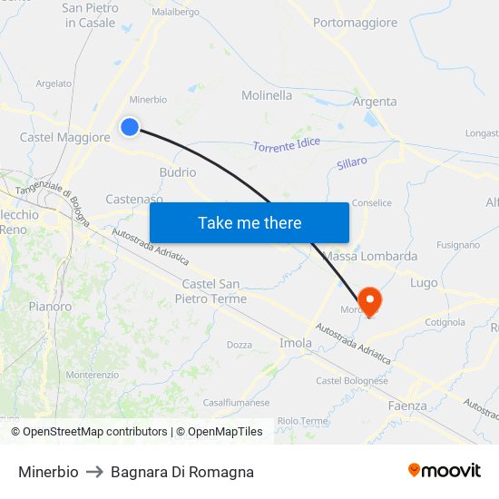 Minerbio to Bagnara Di Romagna map