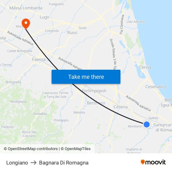 Longiano to Bagnara Di Romagna map