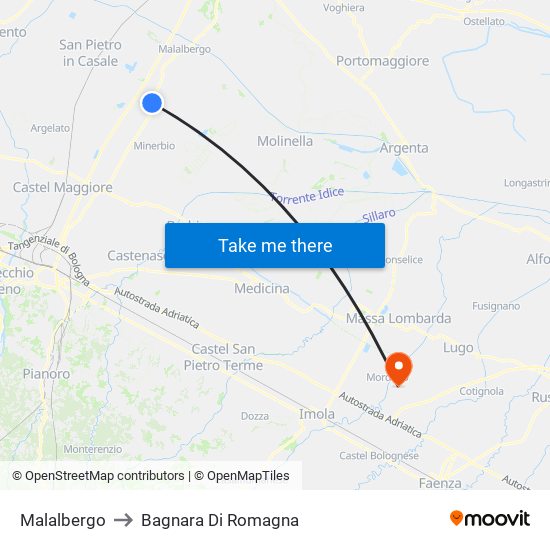 Malalbergo to Bagnara Di Romagna map