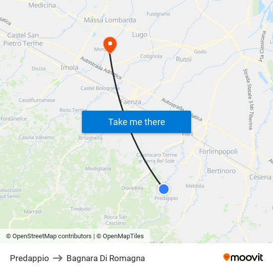 Predappio to Bagnara Di Romagna map