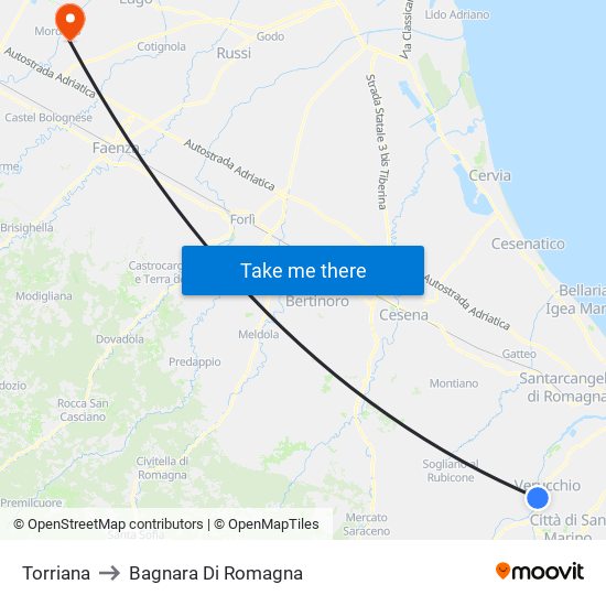 Torriana to Bagnara Di Romagna map