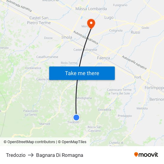 Tredozio to Bagnara Di Romagna map