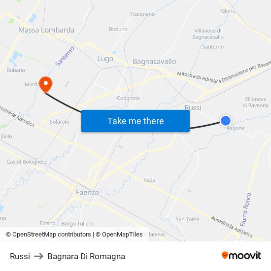 Russi to Bagnara Di Romagna map