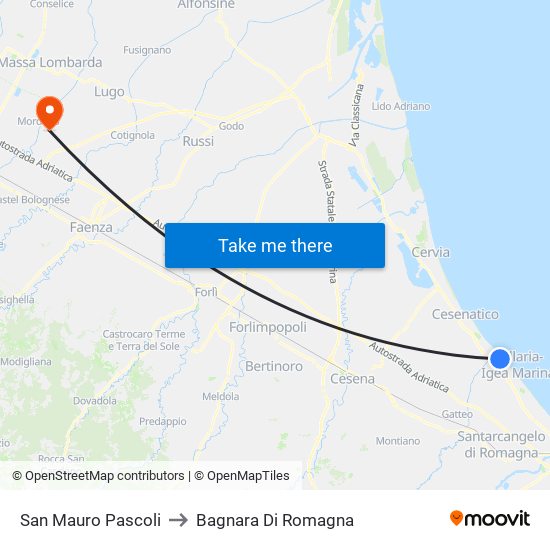 San Mauro Pascoli to Bagnara Di Romagna map