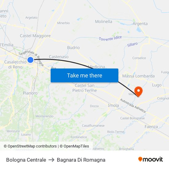 Bologna Centrale to Bagnara Di Romagna map