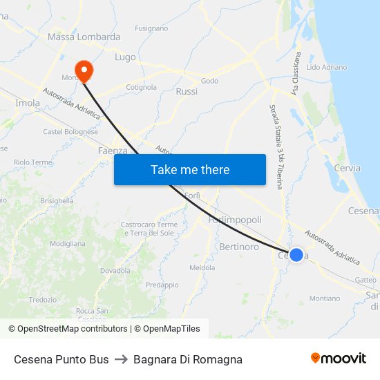 Cesena Punto Bus to Bagnara Di Romagna map