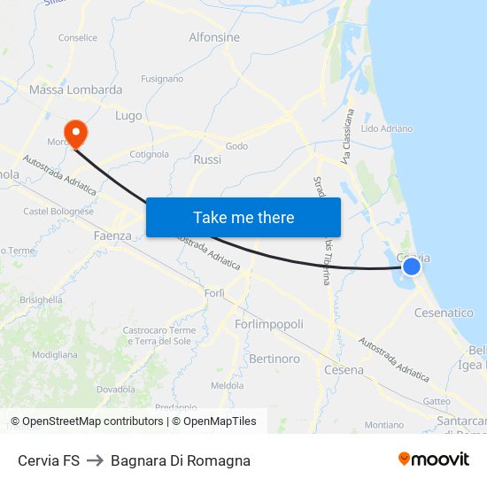 Cervia FS to Bagnara Di Romagna map