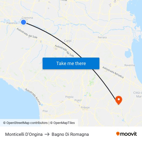 Monticelli D'Ongina to Bagno Di Romagna map