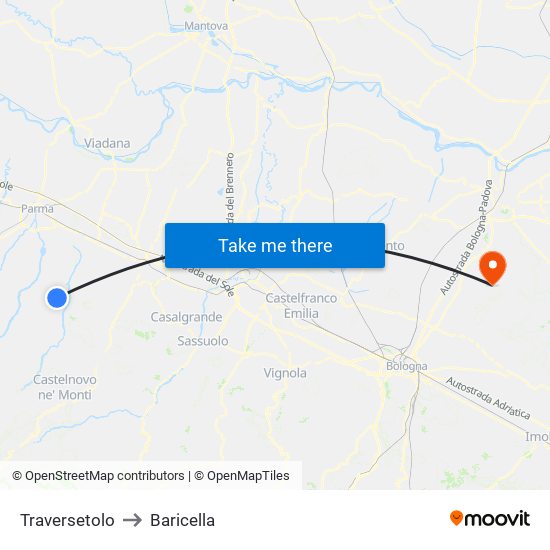 Traversetolo to Baricella map