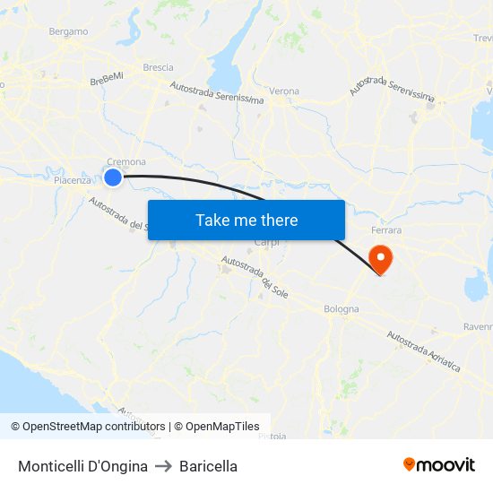 Monticelli D'Ongina to Baricella map