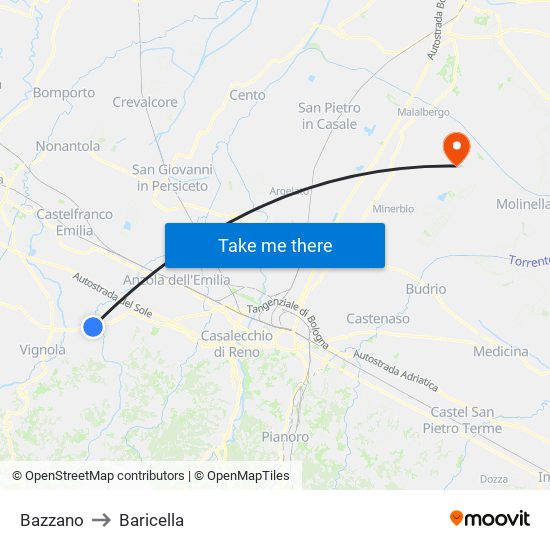 Bazzano to Baricella map
