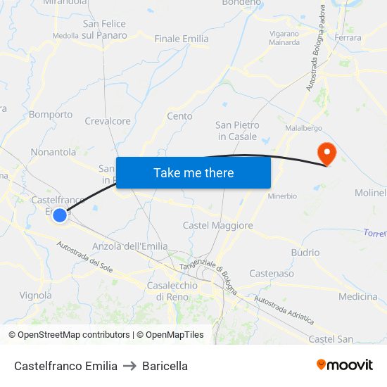 Castelfranco Emilia to Baricella map