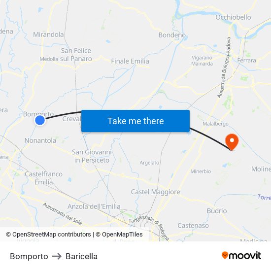 Bomporto to Baricella map