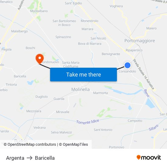 Argenta to Baricella map