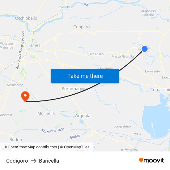 Codigoro to Baricella map