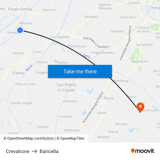 Crevalcore to Baricella map