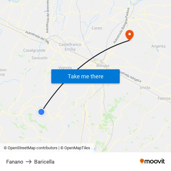 Fanano to Baricella map