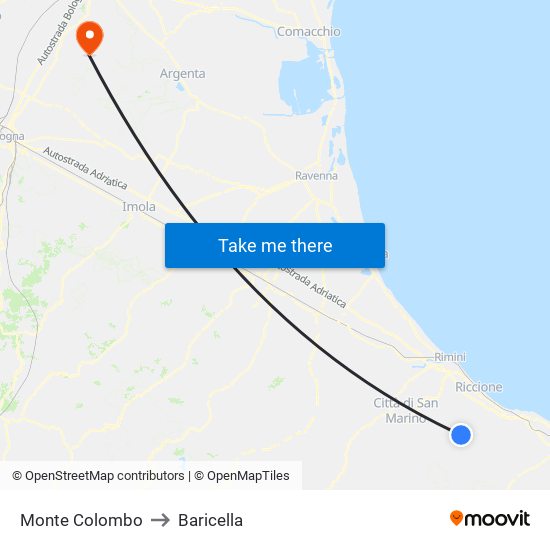 Monte Colombo to Baricella map