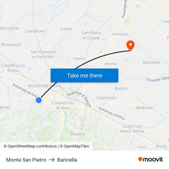 Monte San Pietro to Baricella map