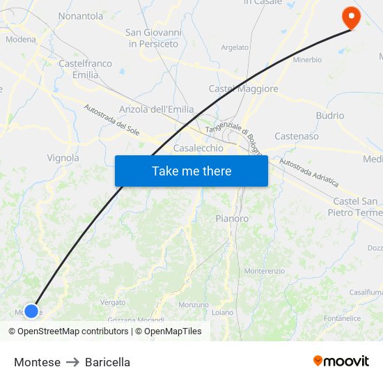 Montese to Baricella map