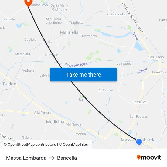 Massa Lombarda to Baricella map