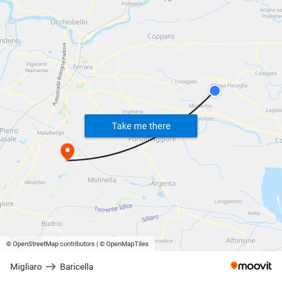 Migliaro to Baricella map