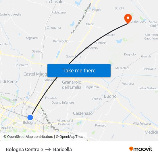 Bologna Centrale to Baricella map