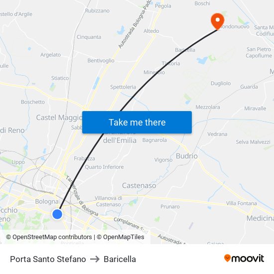 Porta Santo Stefano to Baricella map