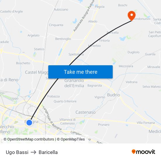Ugo Bassi to Baricella map