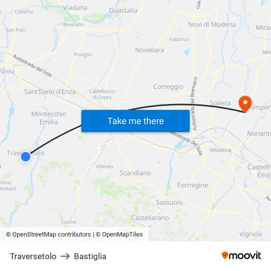 Traversetolo to Bastiglia map