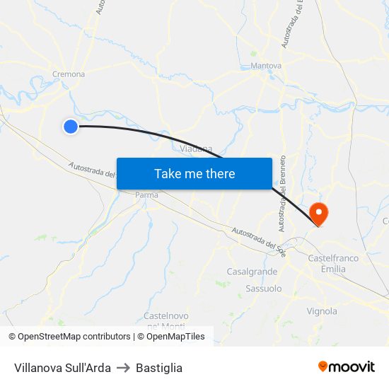 Villanova Sull'Arda to Bastiglia map