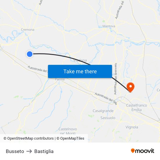 Busseto to Bastiglia map