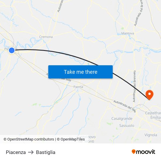 Piacenza to Bastiglia map