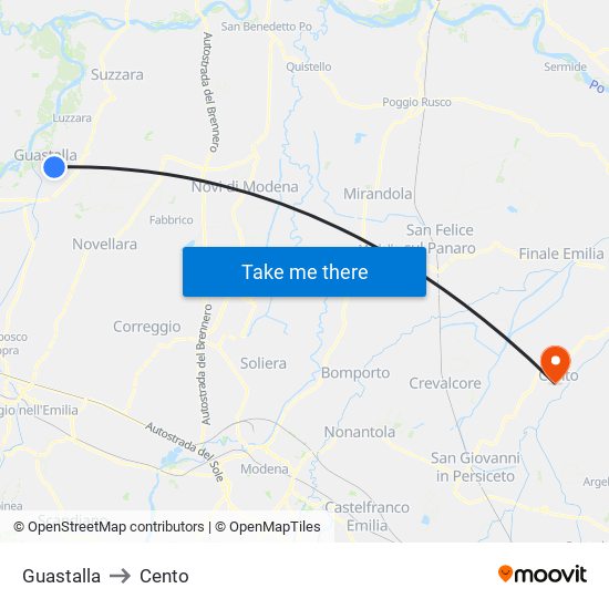 Guastalla to Cento map