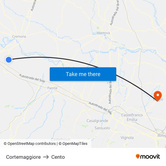 Cortemaggiore to Cento map