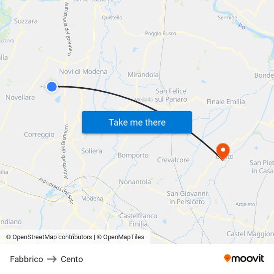 Fabbrico to Cento map