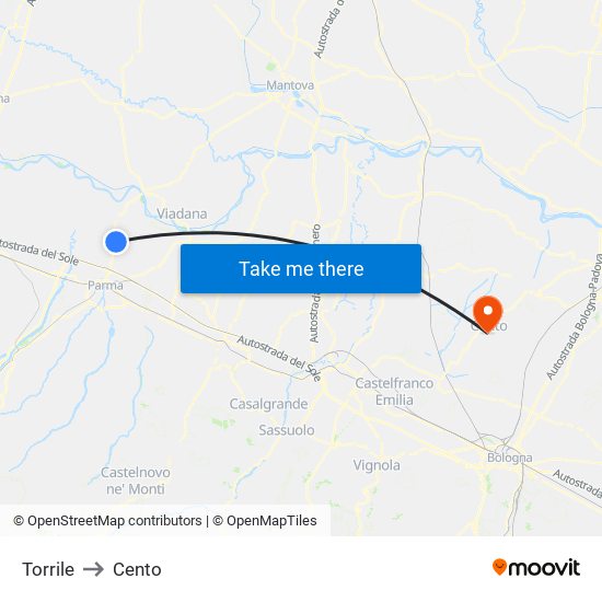 Torrile to Cento map