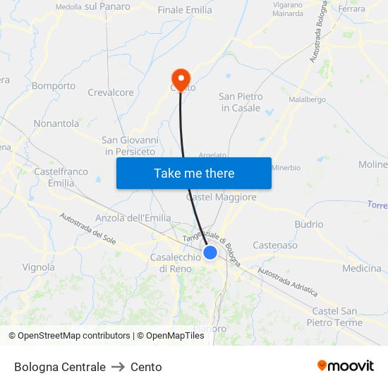 Bologna Centrale to Cento map